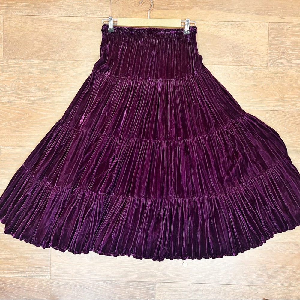 Vintage Whimsigoth Velvet Deep Purple Tiered Maxi Skirt Crinkle Fairy Witchy S/M